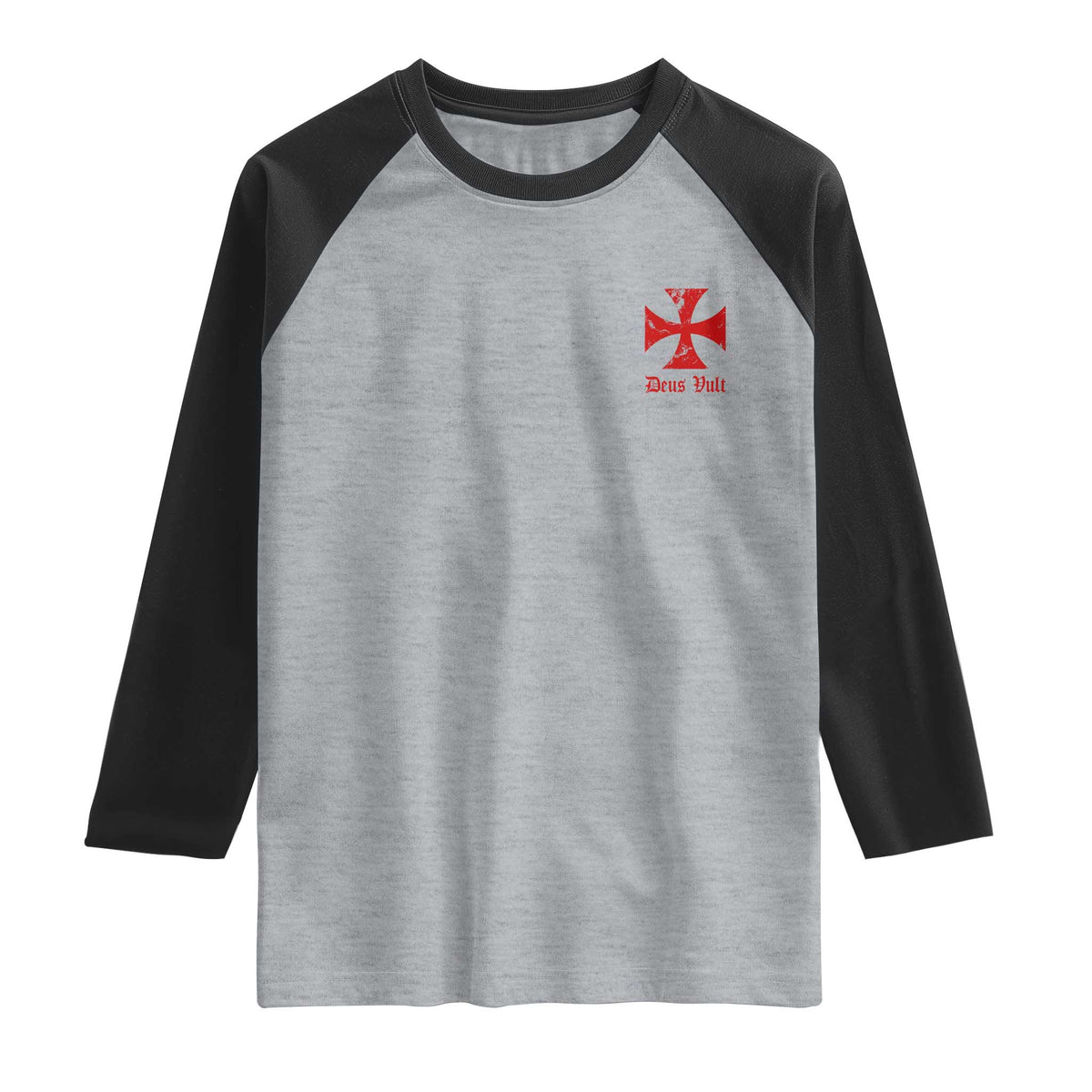 Deus Vult Catholic Knight Templar Crusader Cross Faith Raglan Shirt TS11 Heather Gray Black Print Your Wear