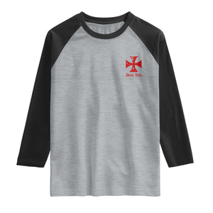 Deus Vult Catholic Knight Templar Crusader Cross Faith Raglan Shirt TS11 Heather Gray Black Print Your Wear