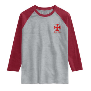 Deus Vult Catholic Knight Templar Crusader Cross Faith Raglan Shirt TS11 Heather Gray Heather Red Print Your Wear