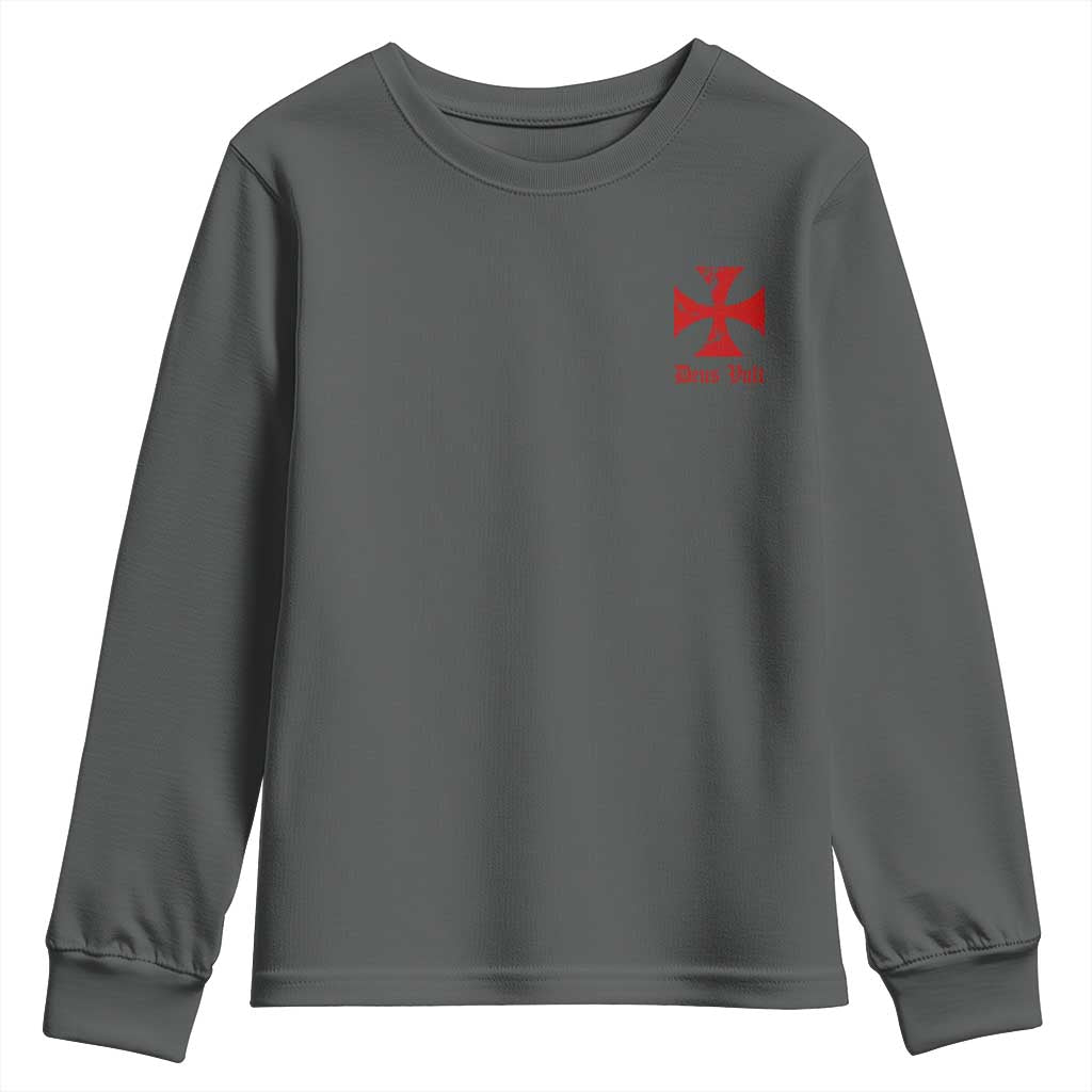 Deus Vult Catholic Knight Templar Crusader Cross Faith Youth Sweatshirt TS11 Dark Heather Print Your Wear