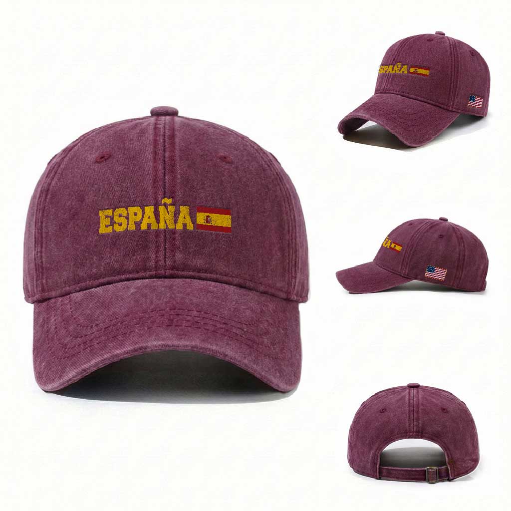 Espana Spain Vintage Sports Design Spanish Flag Washed Cotton Baseball Cap TS11 Washed Cap Universal Fit Burgundy Print Your Wear