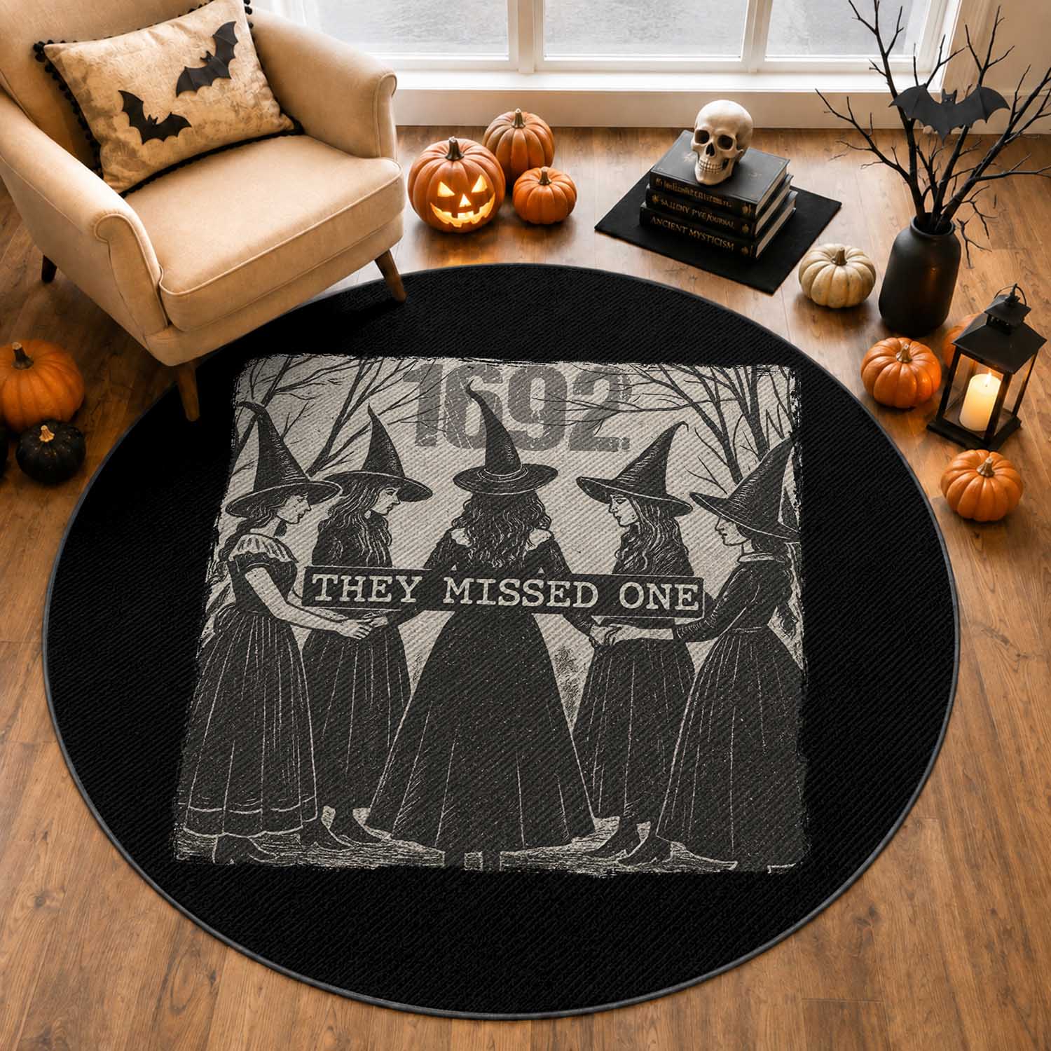 1692 They Missed One Round Rug Halloween Feminist Witch Trials