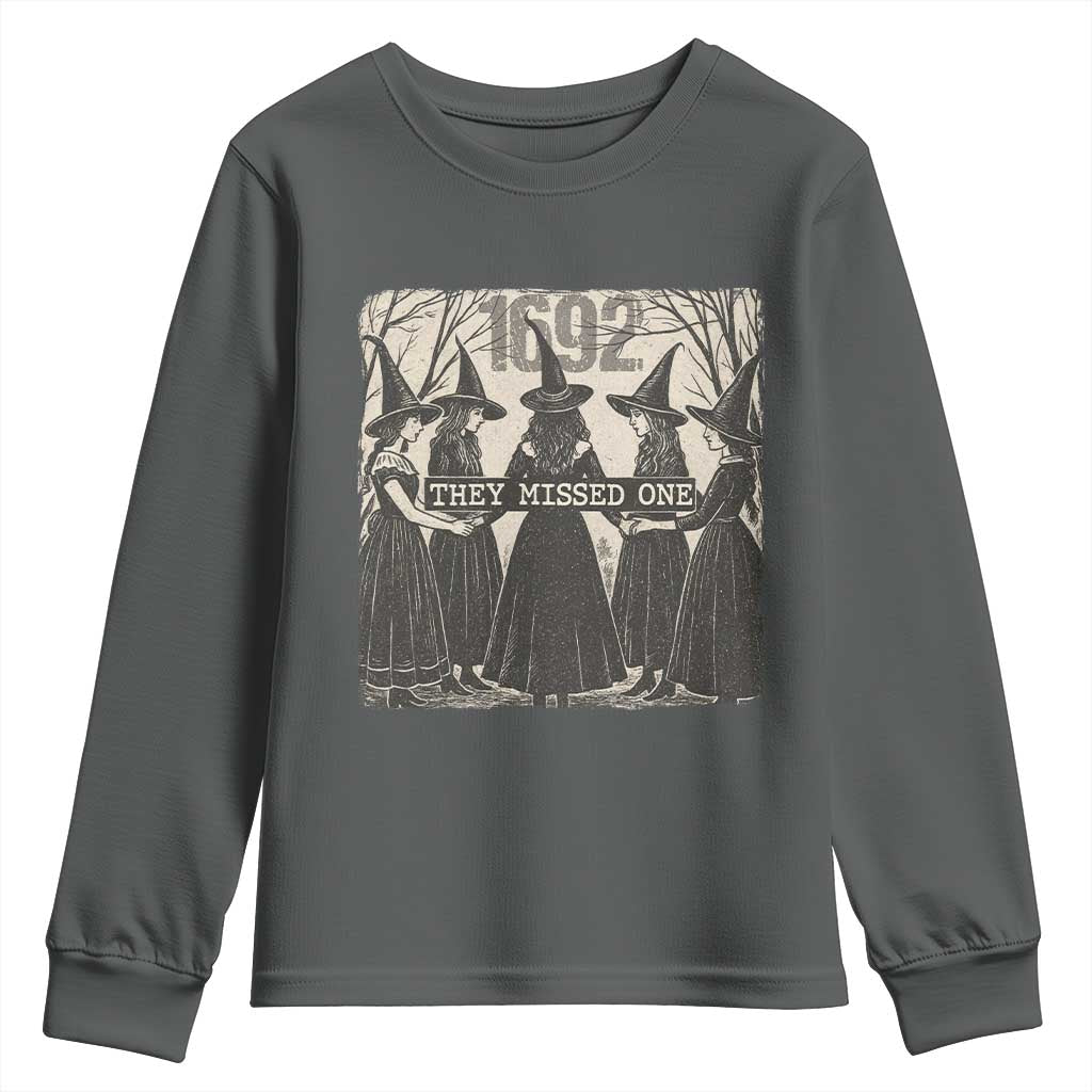 1692 They Missed One Youth Sweatshirt Halloween Feminist Witch Trials TS11 Dark Heather Print Your Wear