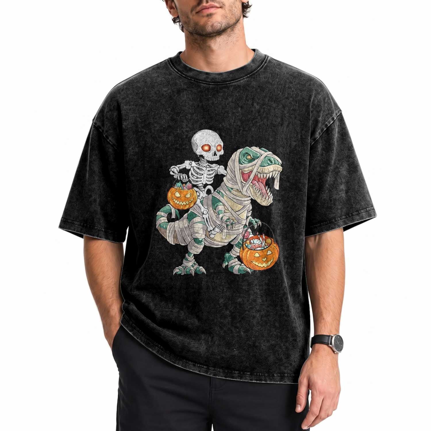 Funny Skeleton Riding Mummy Dinosaur Halloween Washed Cotton T-Shirt