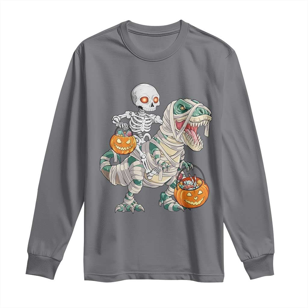 Funny Skeleton Riding Mummy Dinosaur Halloween Long Sleeve Shirt TS11 Charcoal Print Your Wear