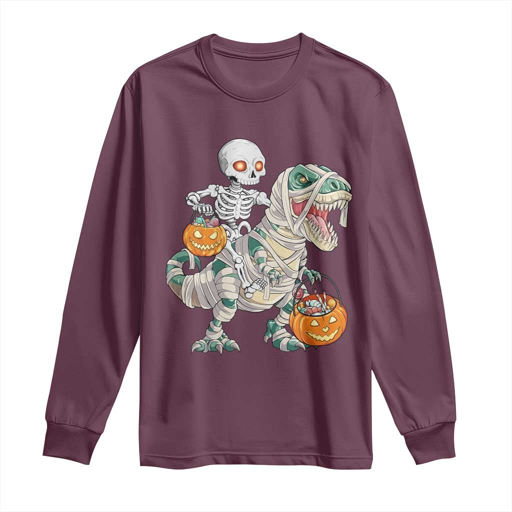 Funny Skeleton Riding Mummy Dinosaur Halloween Long Sleeve Shirt TS11 Maroon Print Your Wear