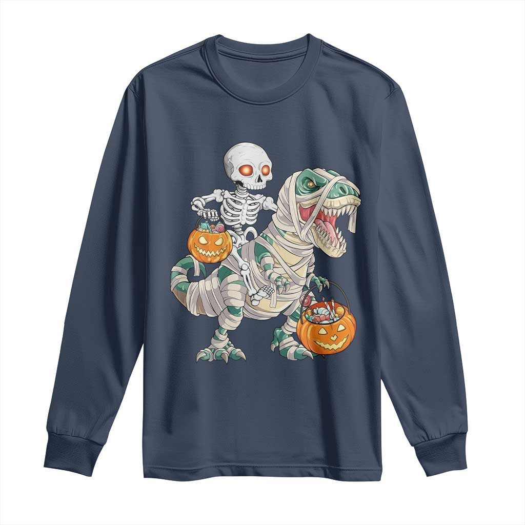 Funny Skeleton Riding Mummy Dinosaur Halloween Long Sleeve Shirt TS11 Navy Print Your Wear