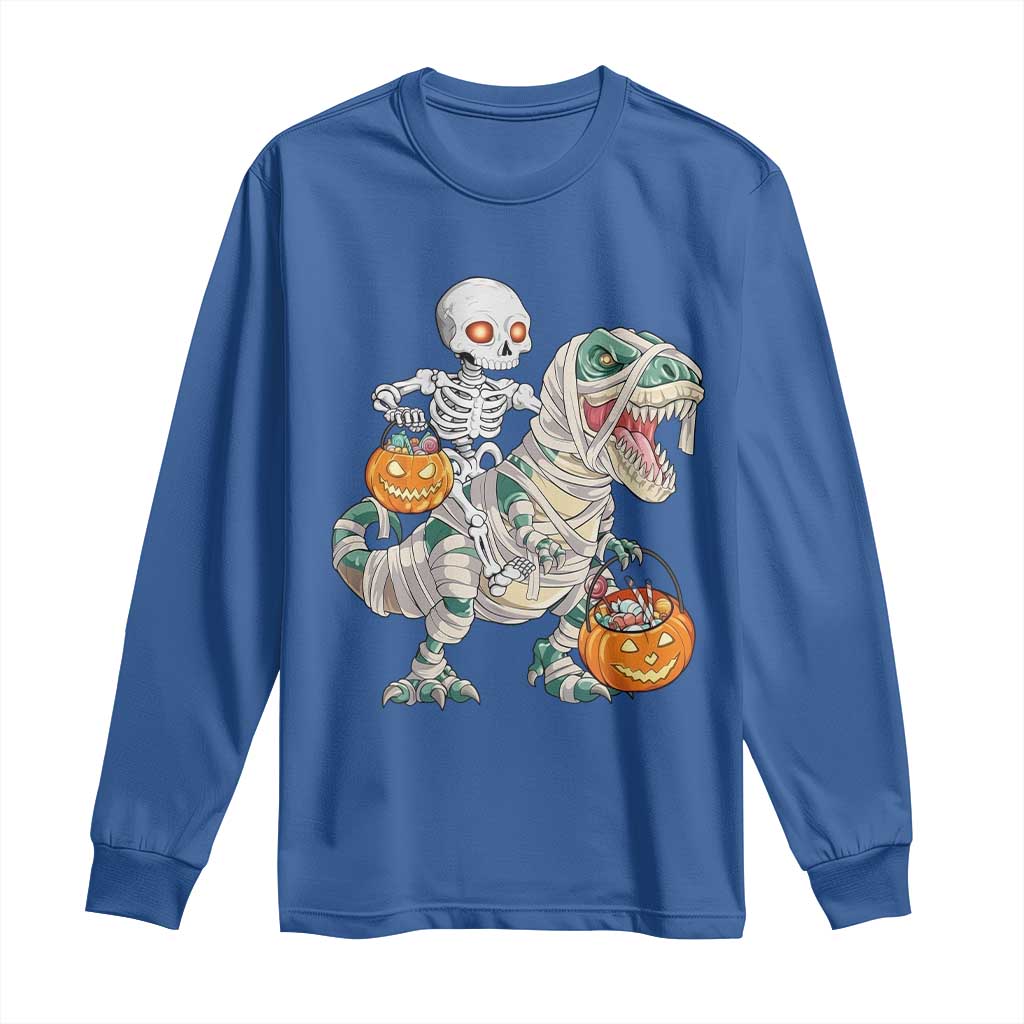 Funny Skeleton Riding Mummy Dinosaur Halloween Long Sleeve Shirt TS11 Royal Blue Print Your Wear