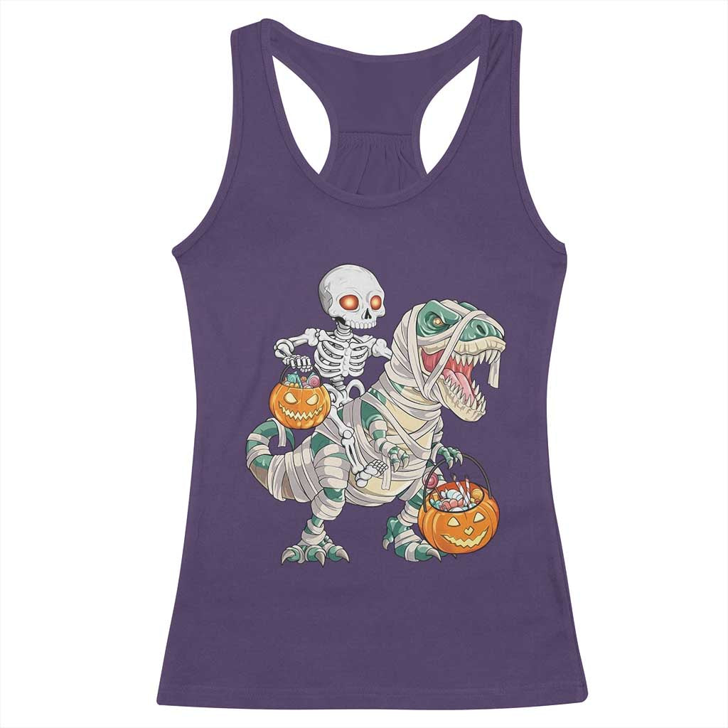 Funny Skeleton Riding Mummy Dinosaur Halloween Racerback Tank Top TS11 Purple Print Your Wear