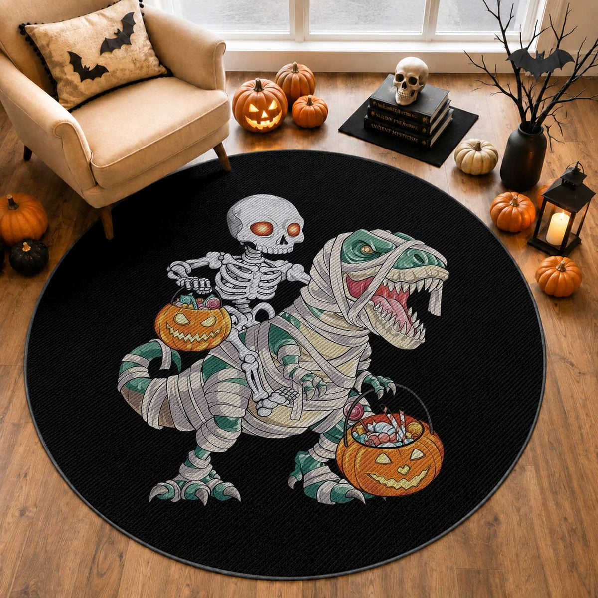 Funny Skeleton Riding Mummy Dinosaur Halloween Round Rug