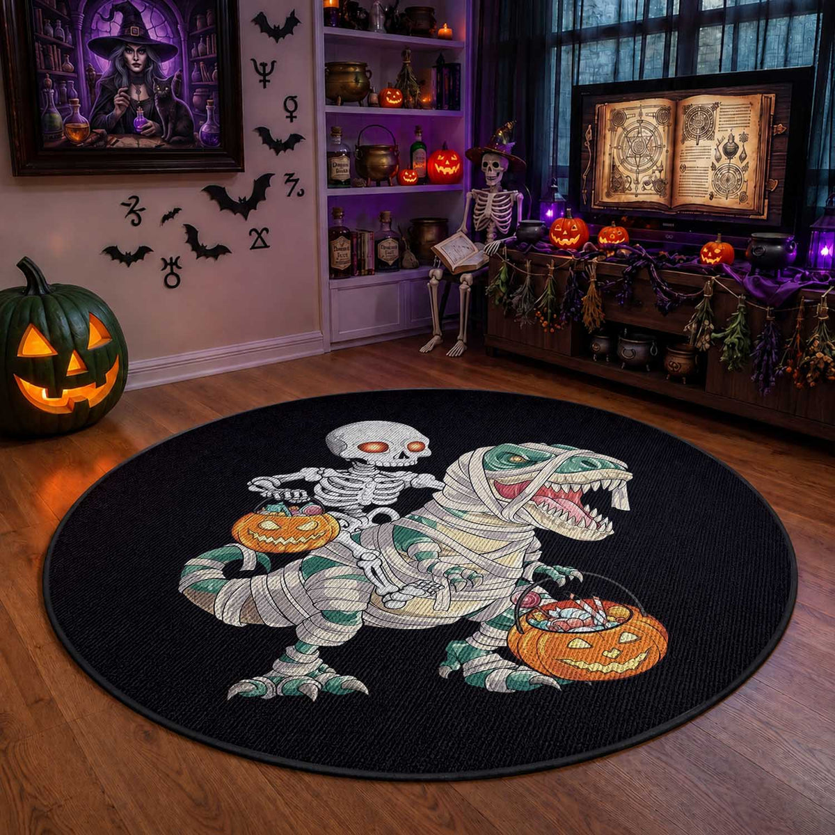 Funny Skeleton Riding Mummy Dinosaur Halloween Round Rug