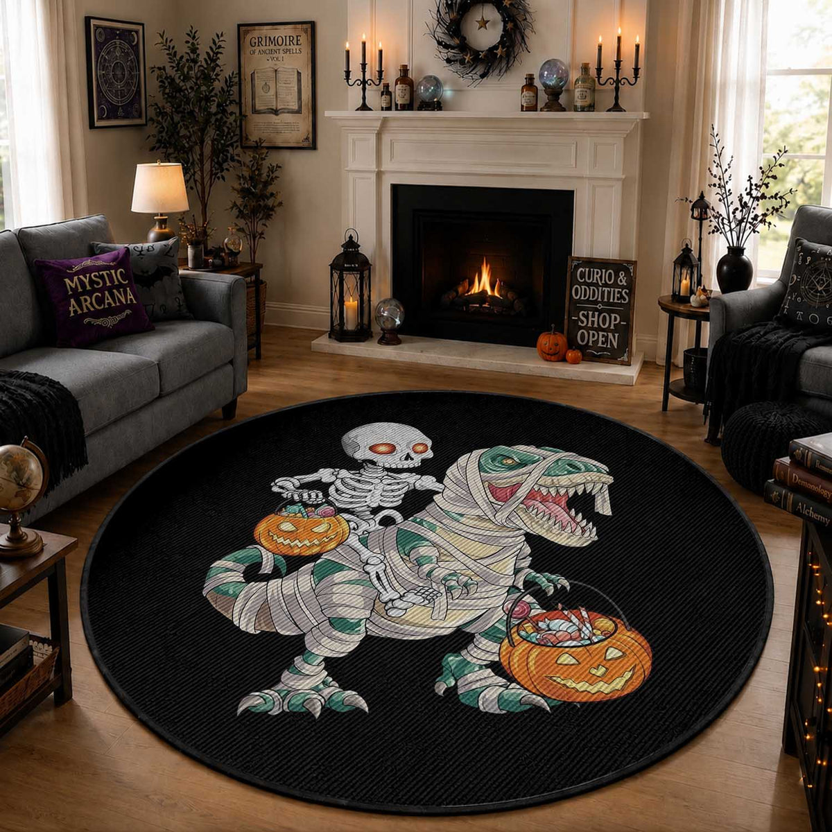 Funny Skeleton Riding Mummy Dinosaur Halloween Round Rug