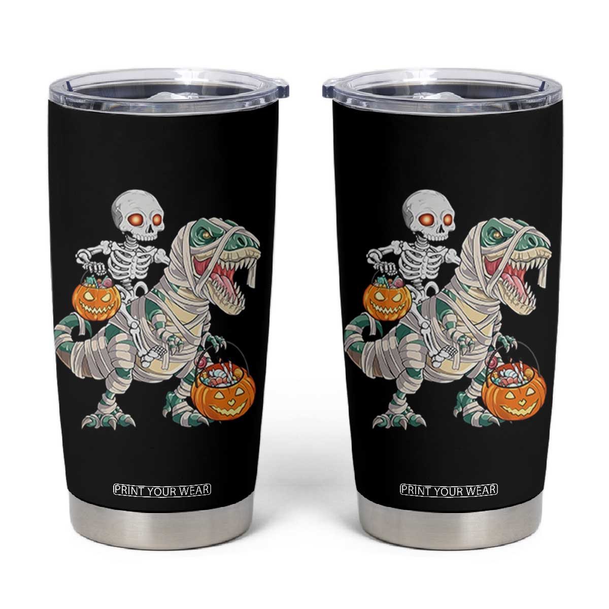 Funny Skeleton Riding Mummy Dinosaur Halloween Tumbler Cup TS11 Black Print Your Wear