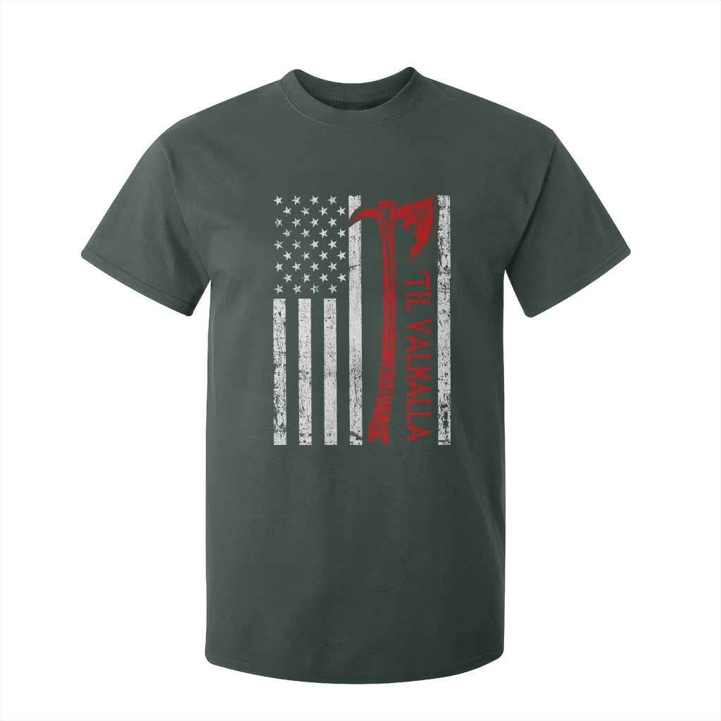 Viking Til Valhalla T Shirt For Kid Norse Mythology Axe USA Flag TS11 Dark Forest Green Print Your Wear