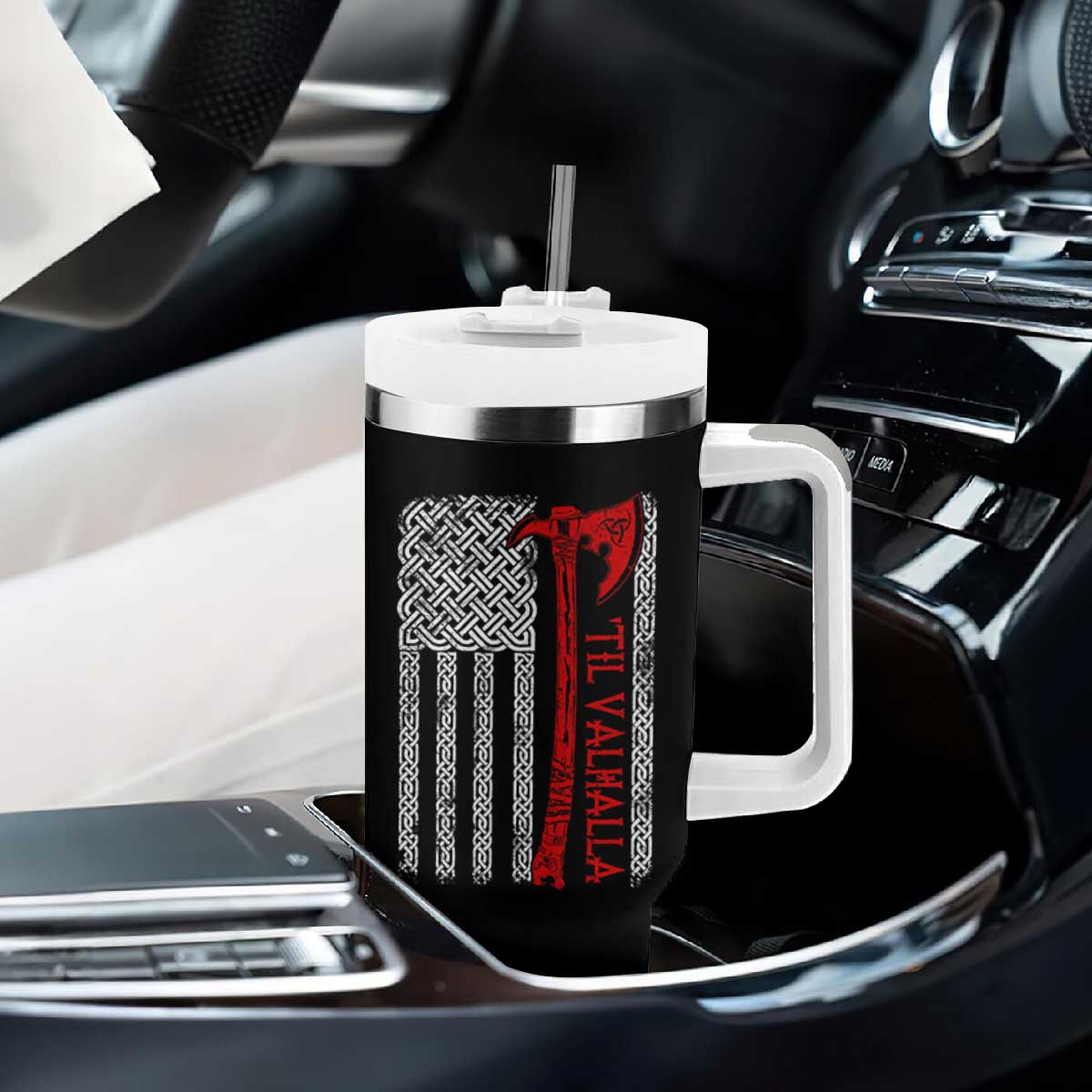 Viking Til Valhalla Tumbler With Handle Norse Mythology Axe Celtic Knot USA Flag TS11 Print Your Wear