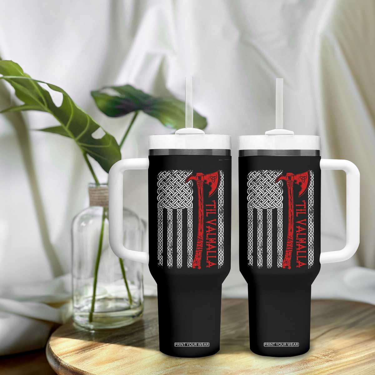 Viking Til Valhalla Tumbler With Handle Norse Mythology Axe Celtic Knot USA Flag TS11 Print Your Wear