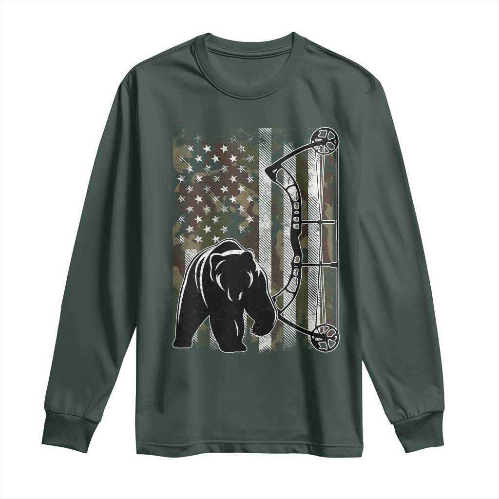 Bear Bowhunting Bow Archery Vintage Camo American Flag Long Sleeve Shirt TS11 Dark Forest Green Print Your Wear