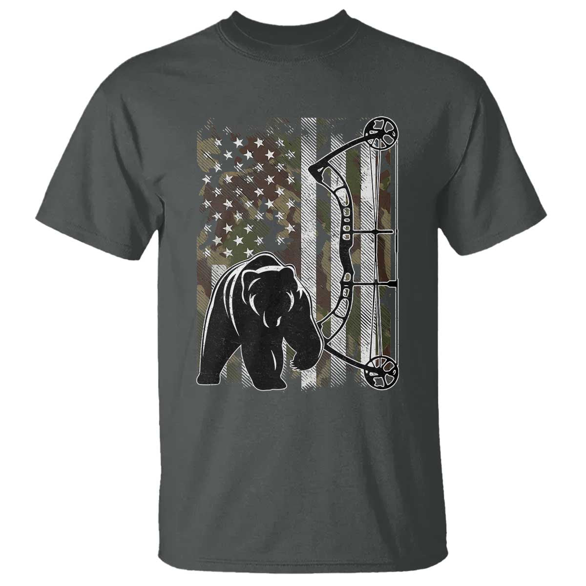 Bear Bowhunting Bow Archery Vintage Camo American Flag T Shirt TS11 Dark Heather Print Your Wear