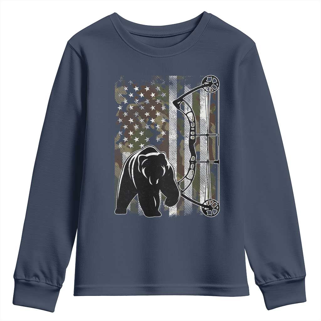 Bear Bowhunting Bow Archery Vintage Camo American Flag Youth Sweatshirt TS11 Navy Print Your Wear