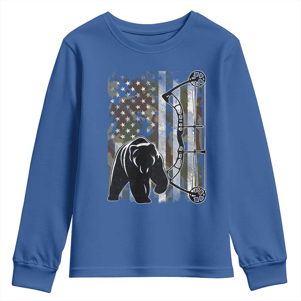 Bear Bowhunting Bow Archery Vintage Camo American Flag Youth Sweatshirt TS11 Royal Blue Print Your Wear