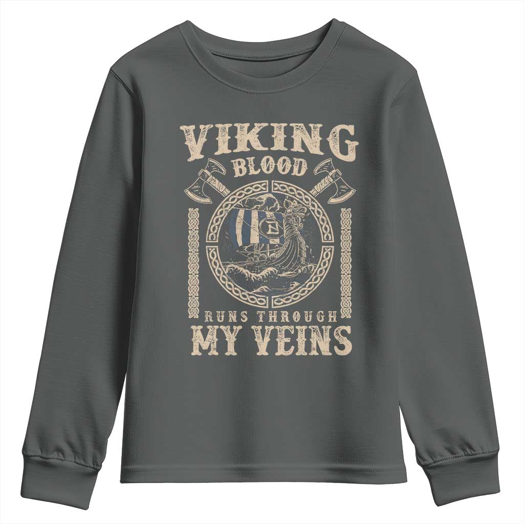 Viking Blood Runs Through My Veins Youth Sweatshirt Norse Mythology Drakkar Longship TS11 Dark Heather Print Your Wear