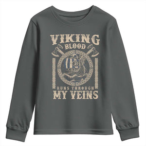 Viking Blood Runs Through My Veins Youth Sweatshirt Norse Mythology Drakkar Longship TS11 Dark Heather Print Your Wear