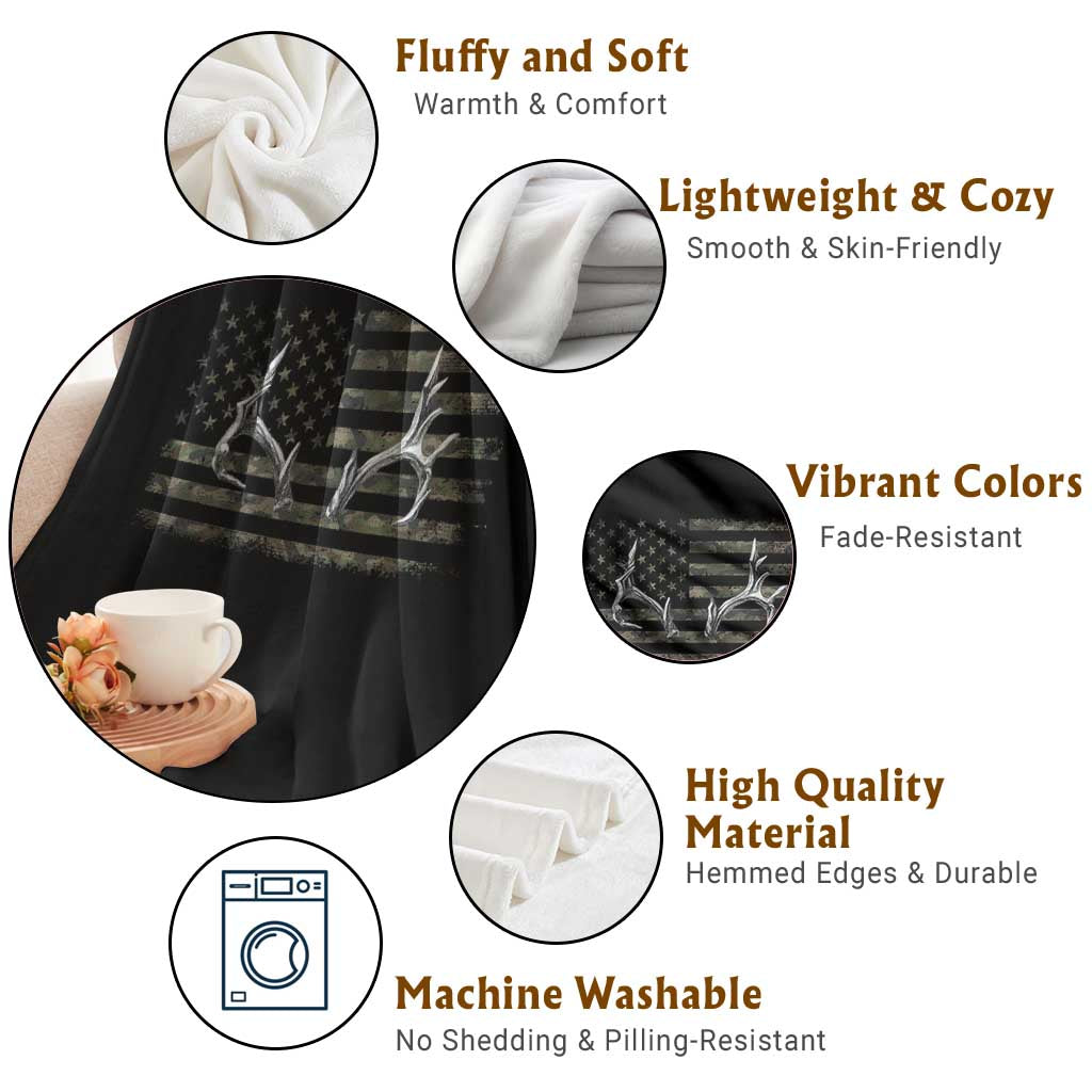Deer Hunting Camo American Flag Elk Buck Antler Throw Blanket