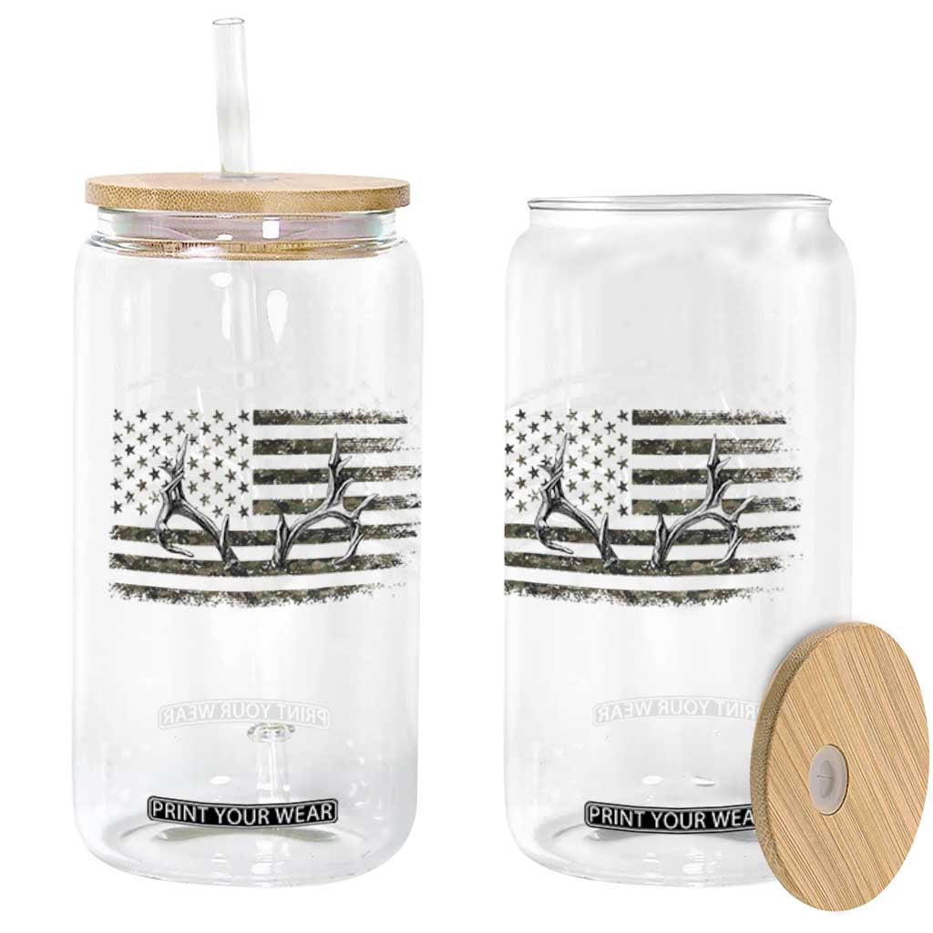 Deer Hunting Camo American Flag Elk Buck Antler Glass Can