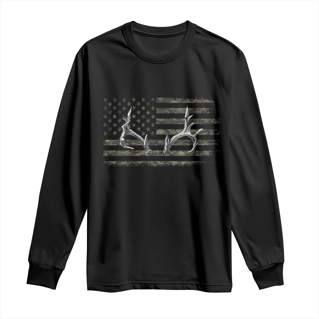 Deer Hunting Camo American Flag Elk Buck Antler Long Sleeve Shirt
