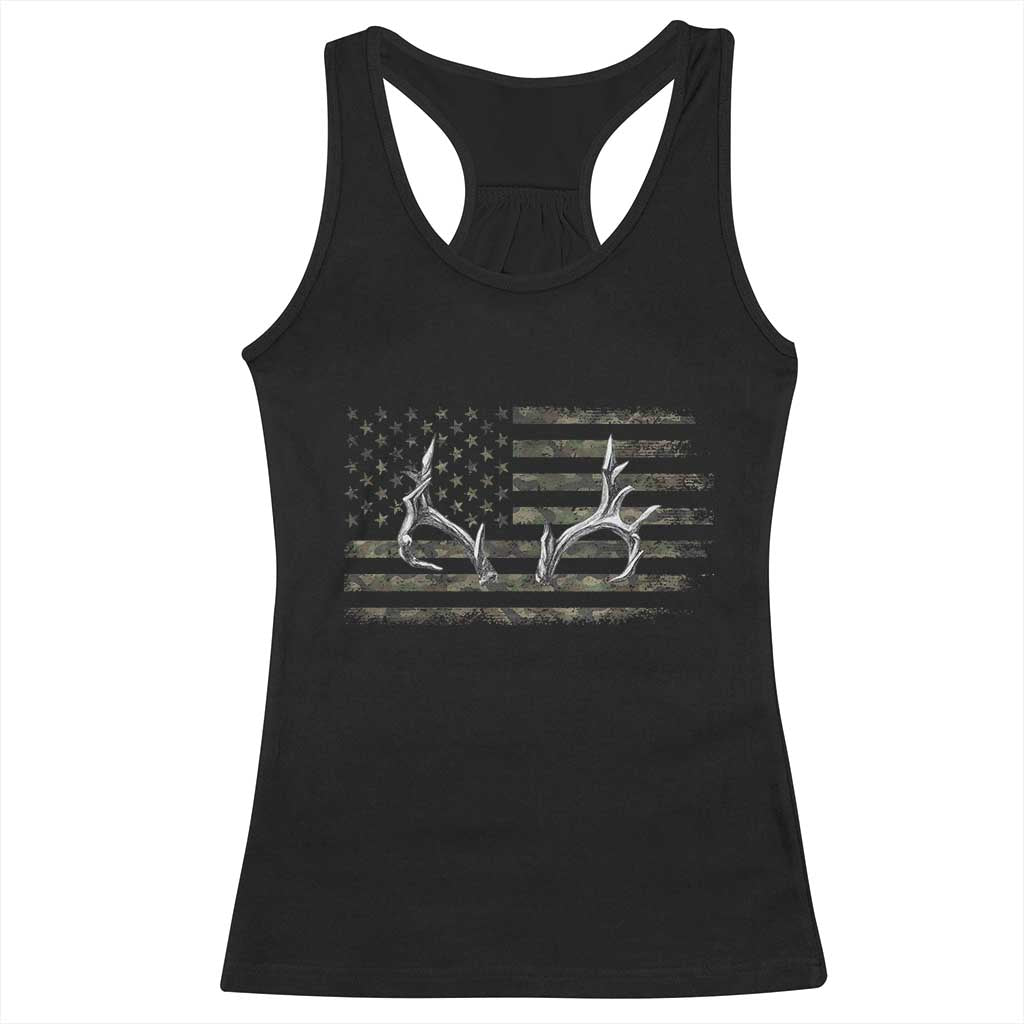 Deer Hunting Camo American Flag Elk Buck Antler Racerback Tank Top