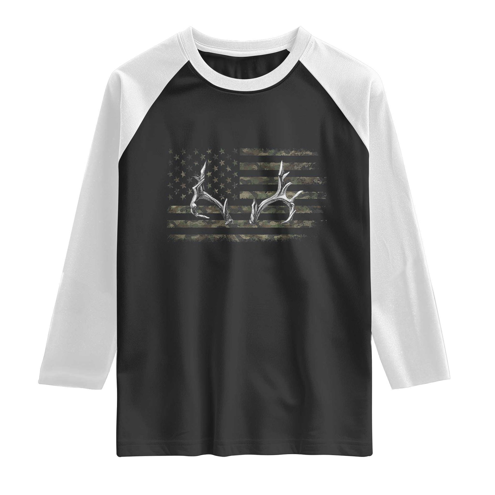 Deer Hunting Camo American Flag Elk Buck Antler Raglan Shirt