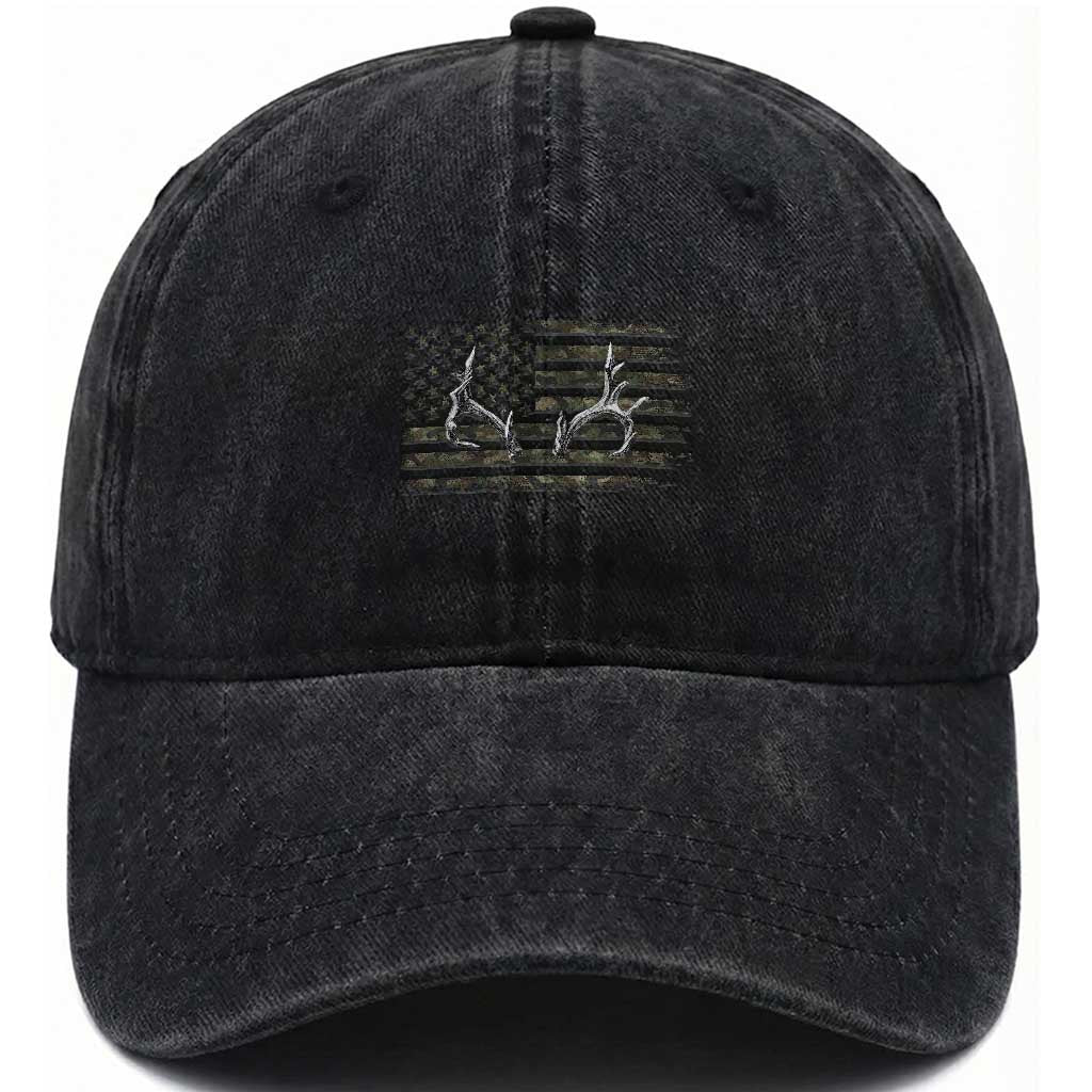 Deer Hunting Camo American Flag Elk Buck Antler Washed Cotton Baseball Cap