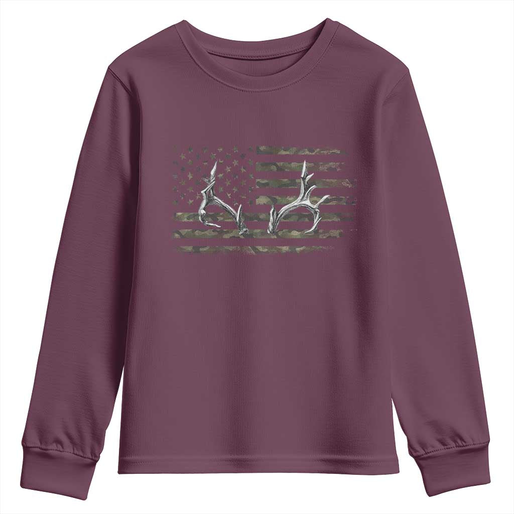 Deer Hunting Camo American Flag Elk Buck Antler Youth Sweatshirt