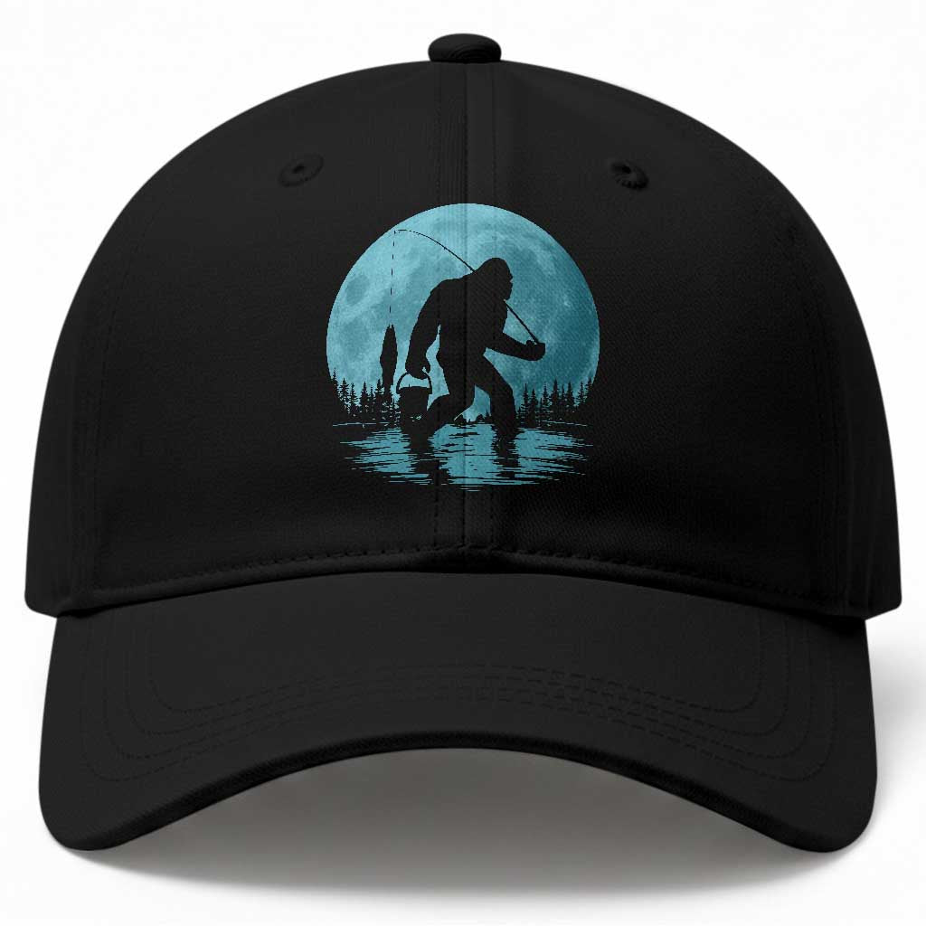 Funny Bigfoot Fishing Night Stroll Full Moon Baseball Cap TS11 Print Your Wear