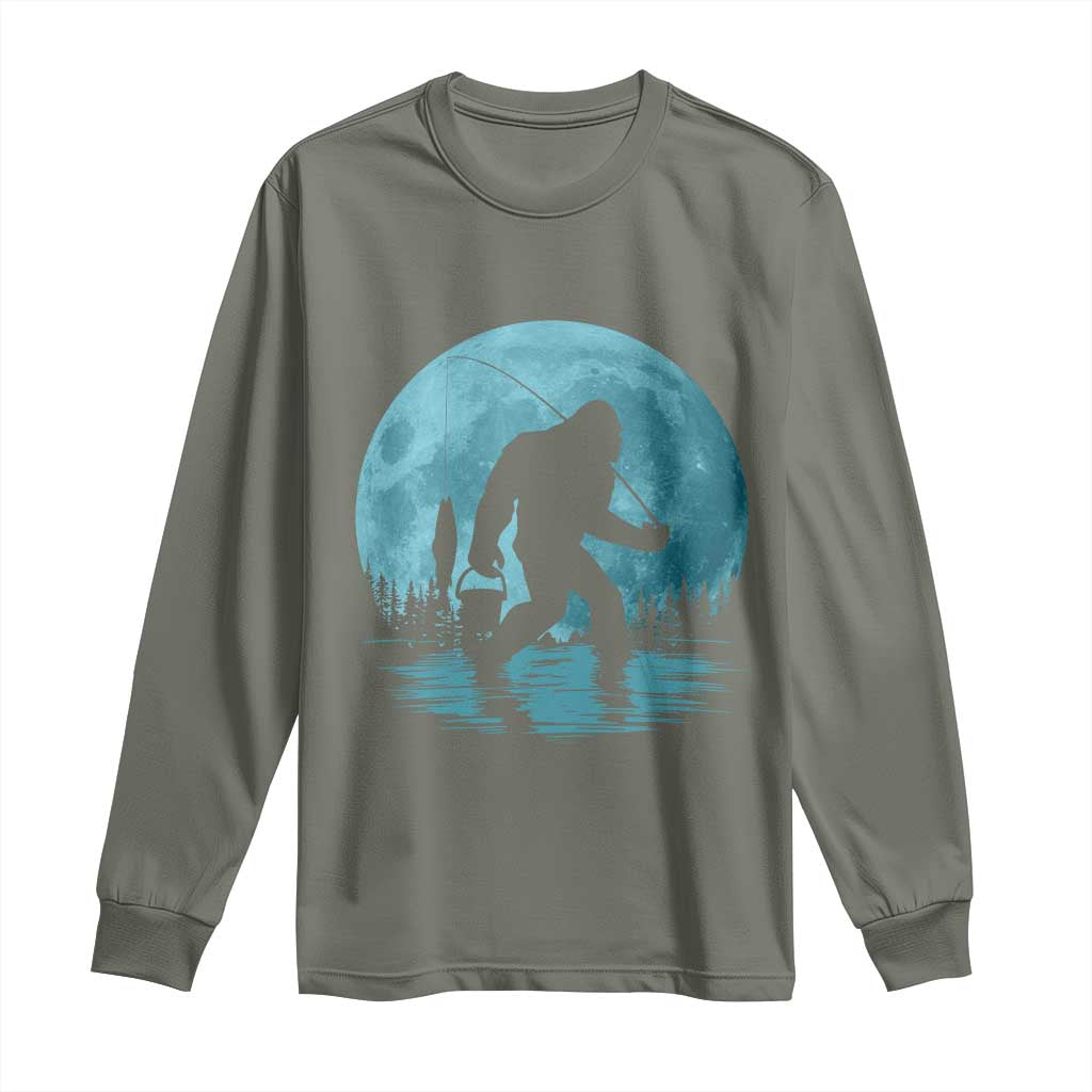 Funny Bigfoot Fishing Night Stroll Full Moon Long Sleeve Shirt TS11 Military Green Print Your Wear