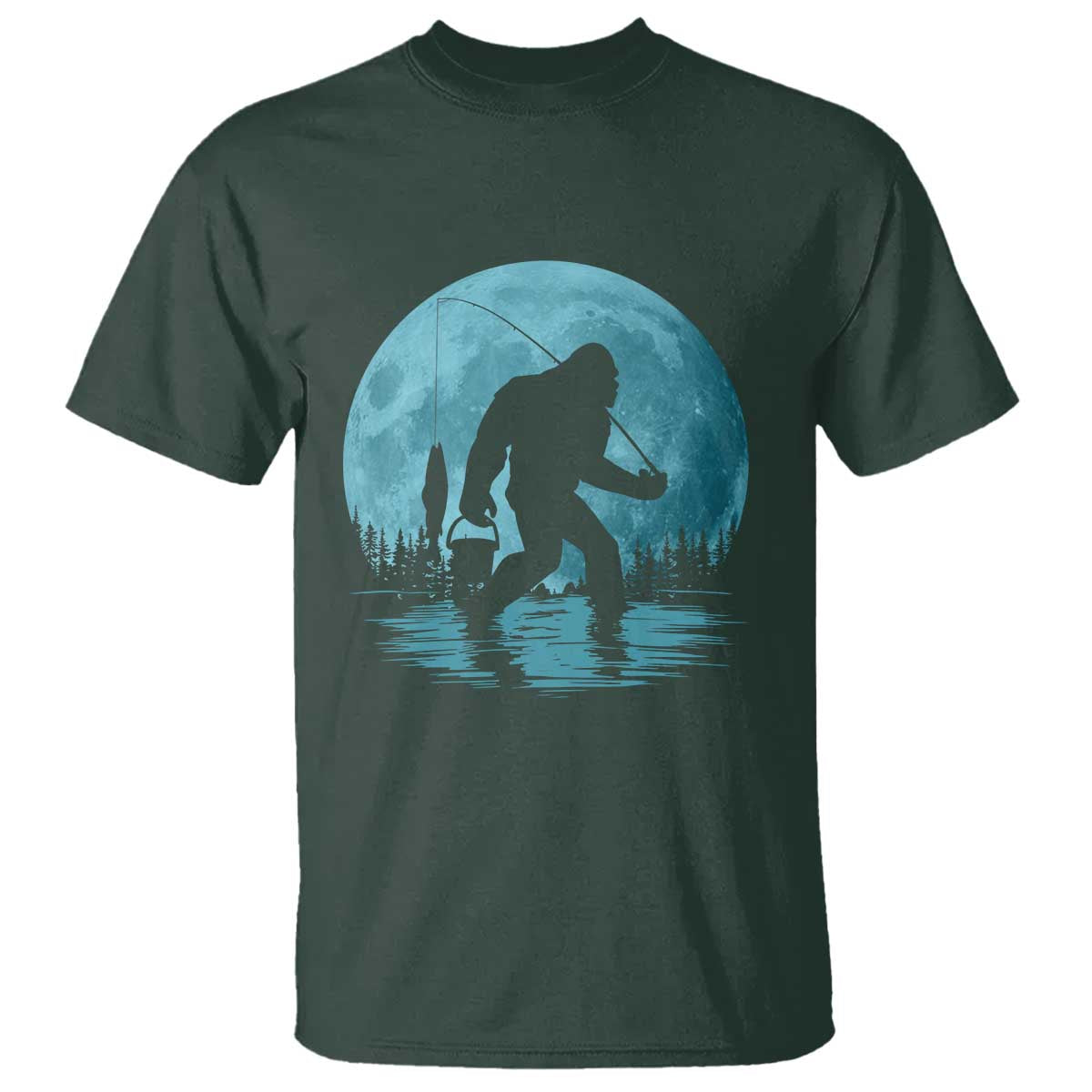 Funny Bigfoot Fishing Night Stroll Full Moon T Shirt TS11 Dark Forest Green Print Your Wear
