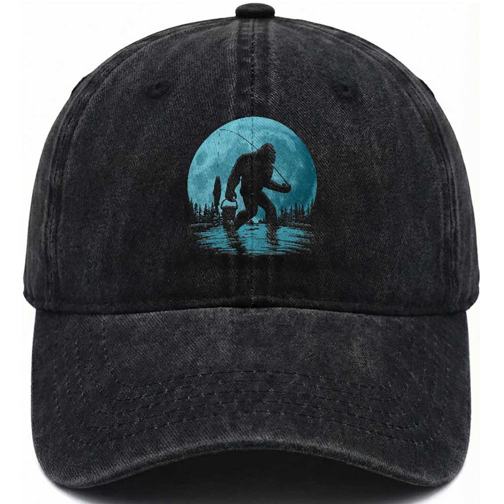 Funny Bigfoot Fishing Night Stroll Full Moon Washed Cotton Baseball Cap TS11 Print Your Wear