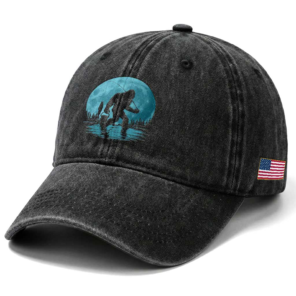 Funny Bigfoot Fishing Night Stroll Full Moon Washed Cotton Baseball Cap TS11 Print Your Wear