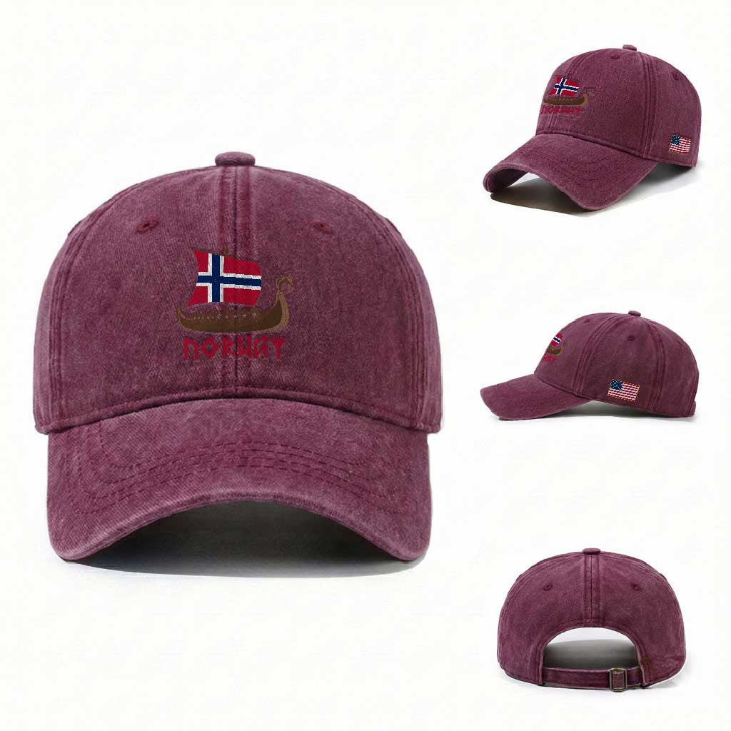 Boat Norwegian Flag Norway Viking Ship Norway Washed Cotton Baseball Cap TS11 Washed Cap Universal Fit Burgundy Print Your Wear