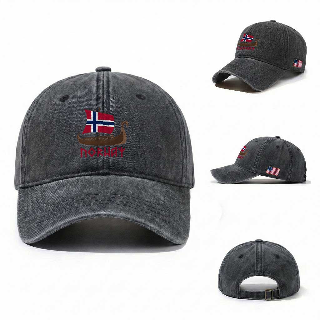Boat Norwegian Flag Norway Viking Ship Norway Washed Cotton Baseball Cap TS11 Washed Cap Universal Fit Dark Gray Print Your Wear