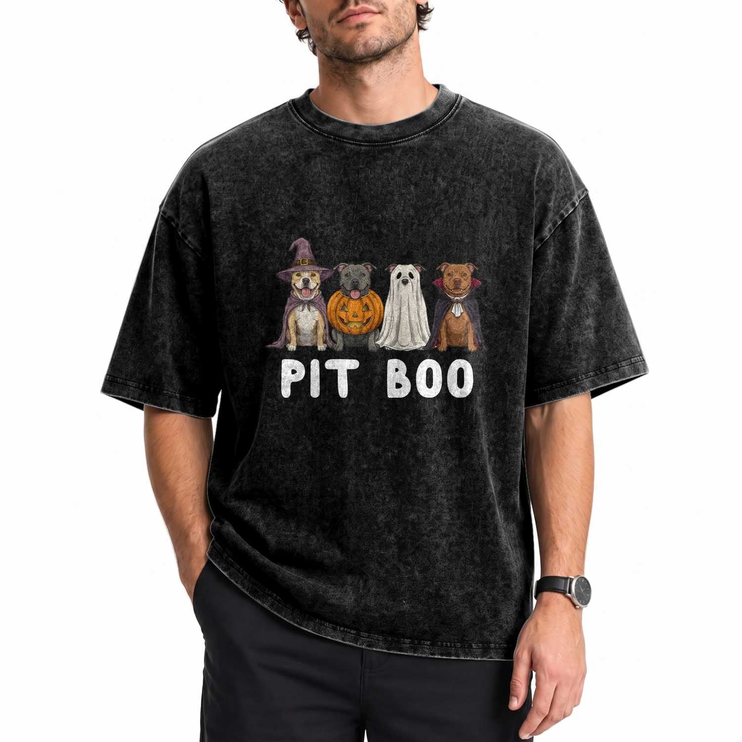 Pit Boo Funny Pitbull Dog Halloween Washed Cotton T-Shirt Ghost Pumpkin Witch Bull Puppy