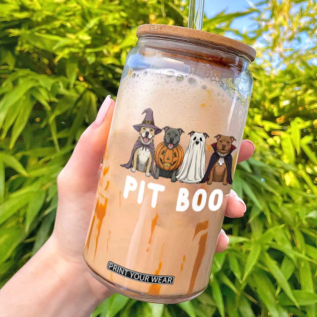 Pit Boo Funny Pitbull Dog Halloween Glass Can Ghost Pumpkin Witch Bull Puppy
