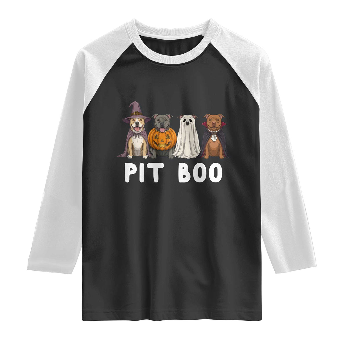 Pit Boo Funny Pitbull Dog Halloween Raglan Shirt Ghost Pumpkin Witch Bull Puppy