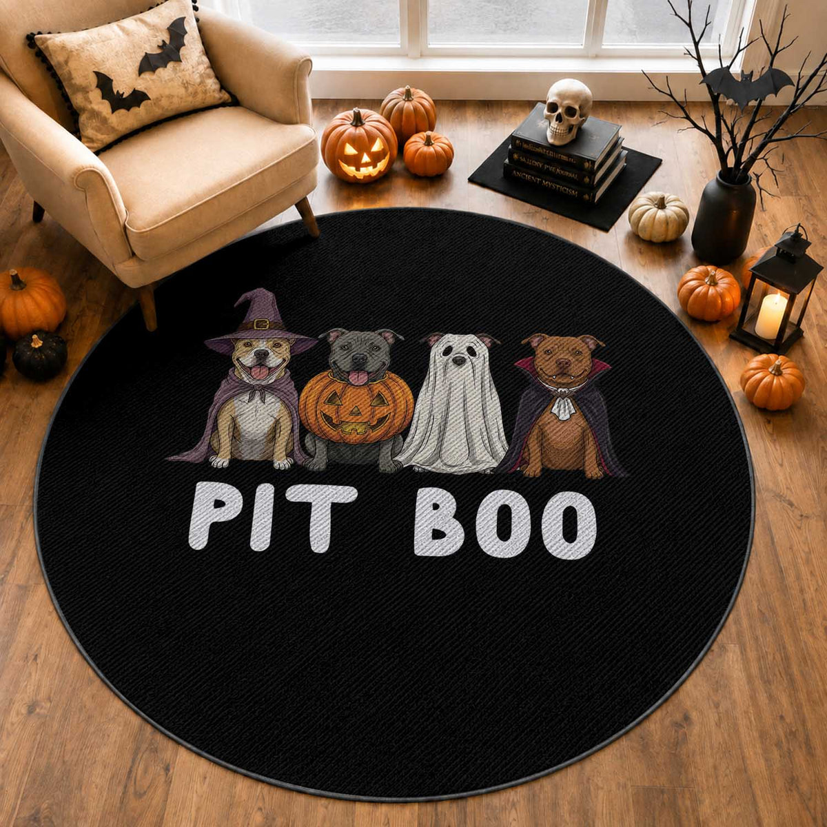 Pit Boo Funny Pitbull Dog Halloween Round Rug Ghost Pumpkin Witch Bull Puppy