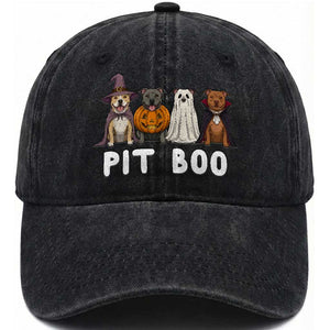 Pit Boo Funny Pitbull Dog Halloween Washed Cotton Baseball Cap Ghost Pumpkin Witch Bull Puppy