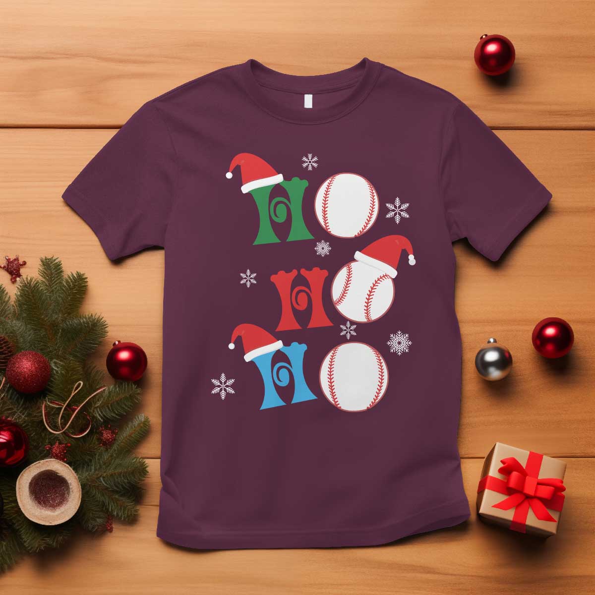 Funny Christmas Baseball T Shirt Triple Ho Sport Santa Hat TS11 Maroon Print Your Wear