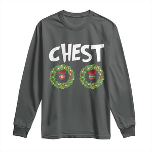 Funny Christmas Couple Long Sleeve Shirt Chest Nuts Bauble Xmas Wreath TS11 Dark Heather Print Your Wear