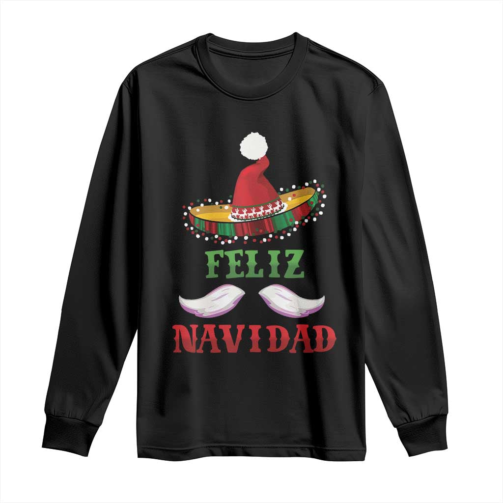 Funny Christmas In Mexico Long Sleeve Shirt Feliz Navidad Sombrero Santa Hat TS11 Black Print Your Wear