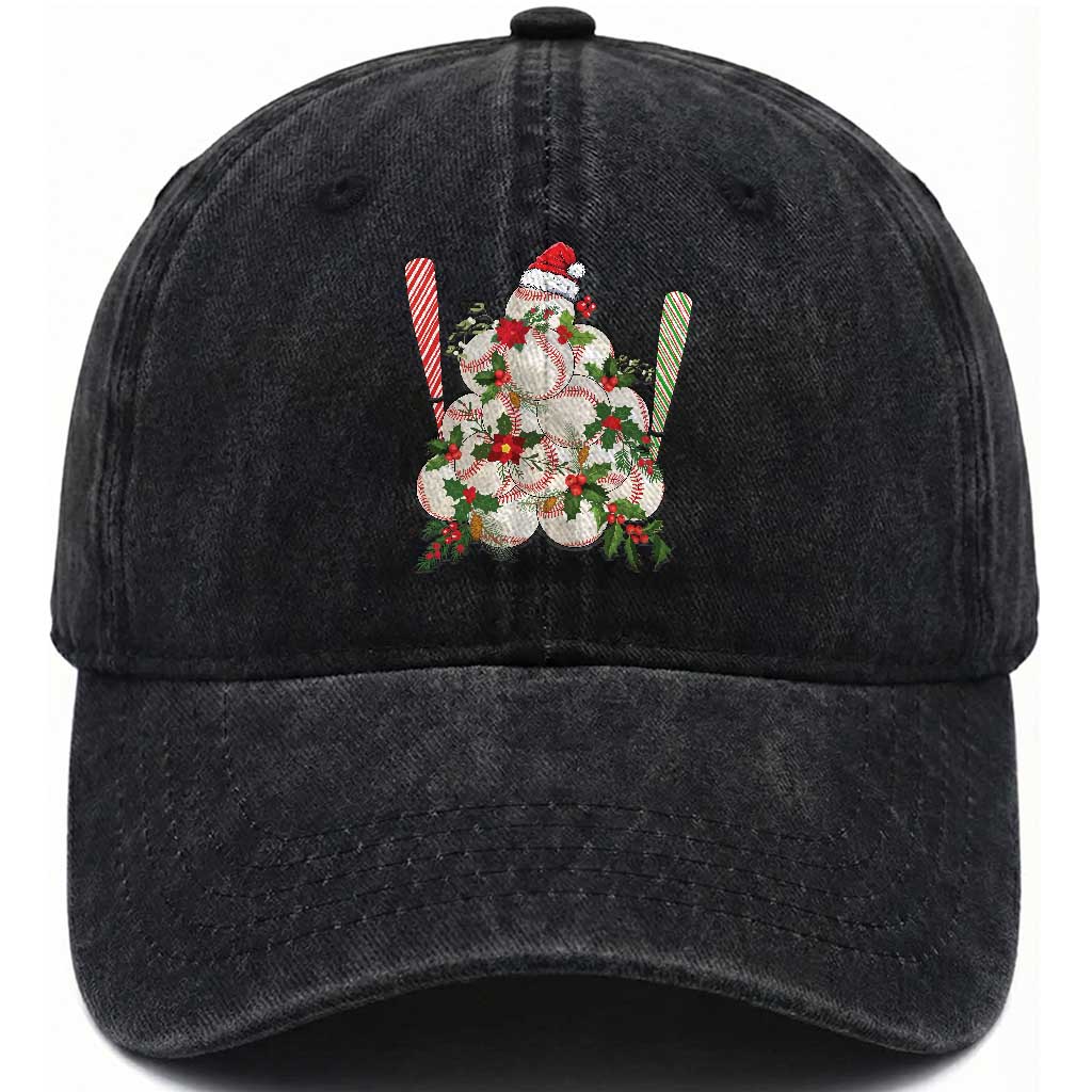 Funny Christmas Baseball Washed Cotton Baseball Cap Santa Sports Balls Snow Xmas Tree TS11 Washed Cap Universal Fit Black Print Your Wear
