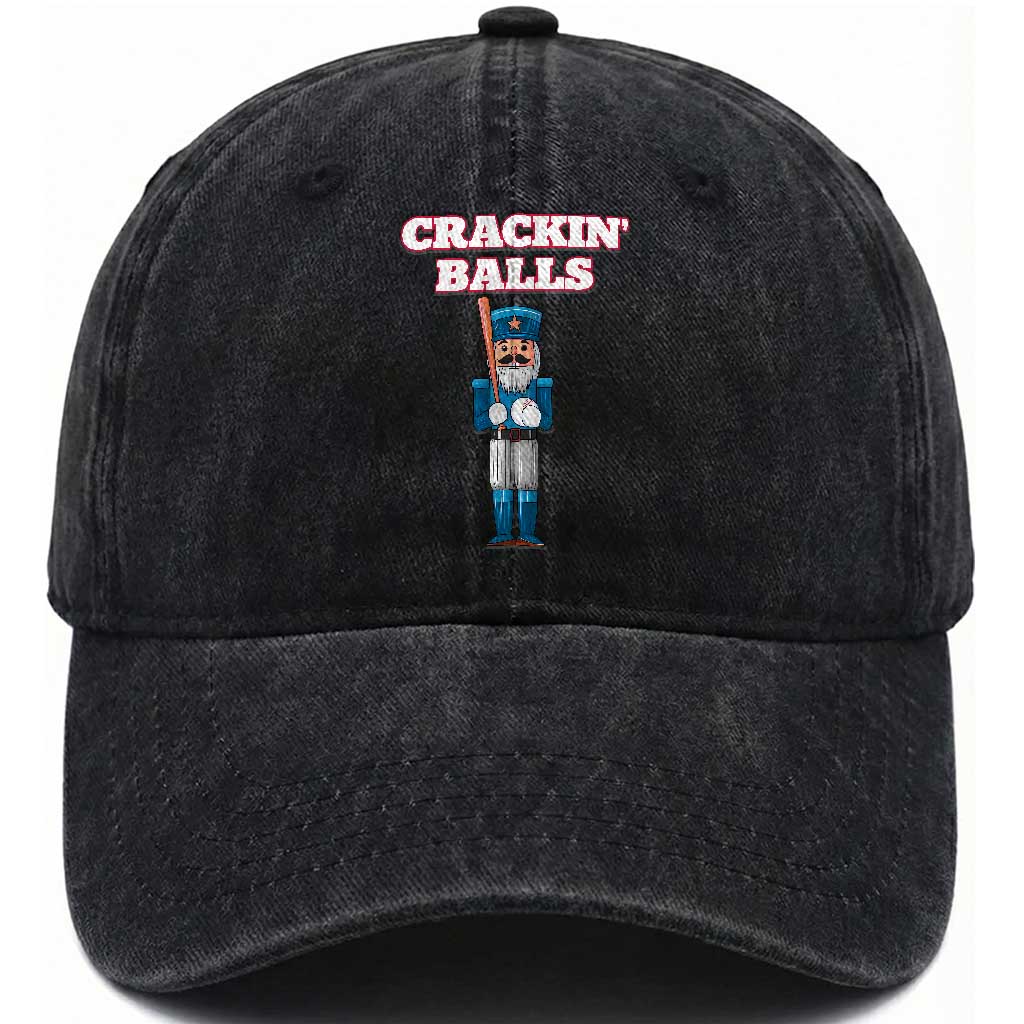 Funny Nutcracker Baseball Washed Cotton Baseball Cap Crackin' Balls Baseball Players TS11 Washed Cap Universal Fit Black Print Your Wear